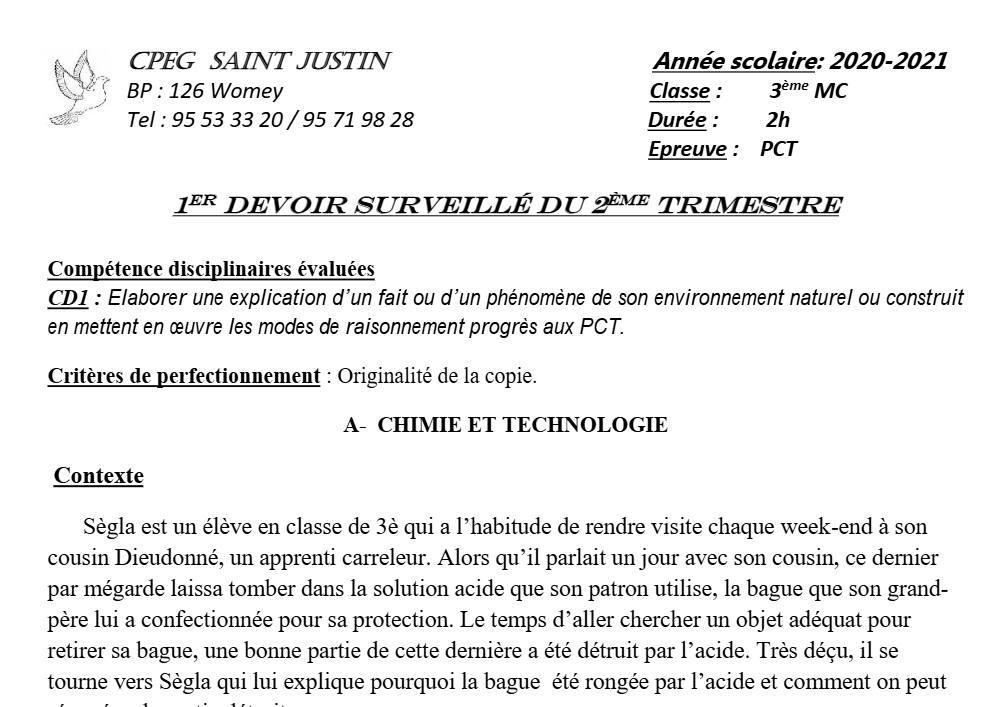 Aperçu de la première page — 3ème PCT 1er Devoir 2ème Trimestre CPEG Saint Justin 2021