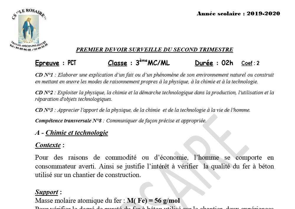 Aperçu de la première page — 3ème PCT 1er Devoir 2ème Trimestre CS Le Rosaire 2019 2020