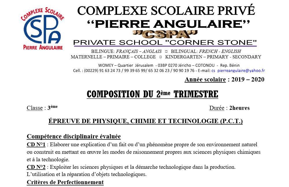 Aperçu de la première page — 3ème PCT 1er Devoir 2ème Trimestre CS Pierre Angulaire 2019 2020