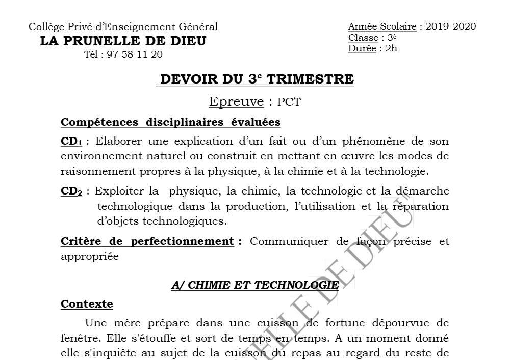 Aperçu de la première page — 3ème PCT 1er Devoir 3ème Trimestre CP La Prunelle de Dieu 2019 2020