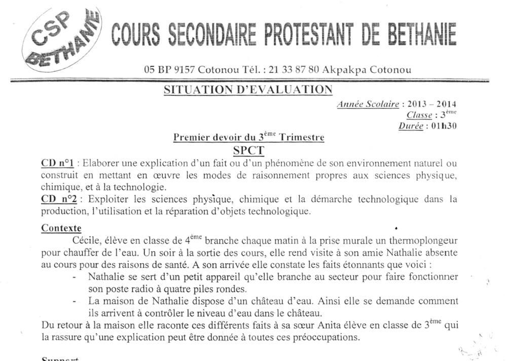 Aperçu de la première page — 3ème PCT 1er Devoir 3ème Trimestre CSP Béthanie 2013 2014