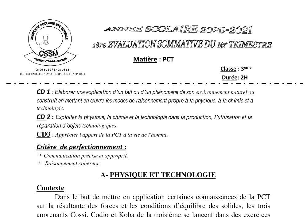 Aperçu de la première page — 3ème PCT 1ère Évaluation 1er Trimestre CPEG Sainte Mireille 2020 2021