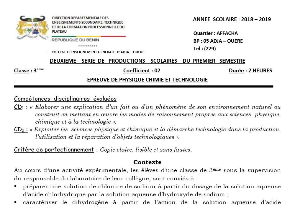 Aperçu de la première page — 3ème PCT 2ème Devoir 1er Semestre CEG Adja Ouere 2018 2019