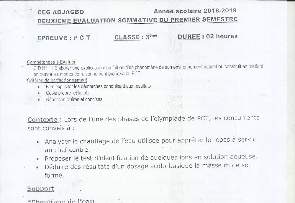 Aperçu de la première page — 3ème PCT 2ème Devoir 1er Semestre CEG Adjagbo 2018 2019