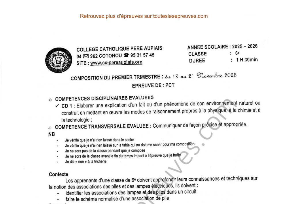 Aperçu de la première page — PCT 6ème – Composition du 1er trimestre 2025 2026 – Associations de piles et lampes électriques – Collège Catholique Père Aupiais