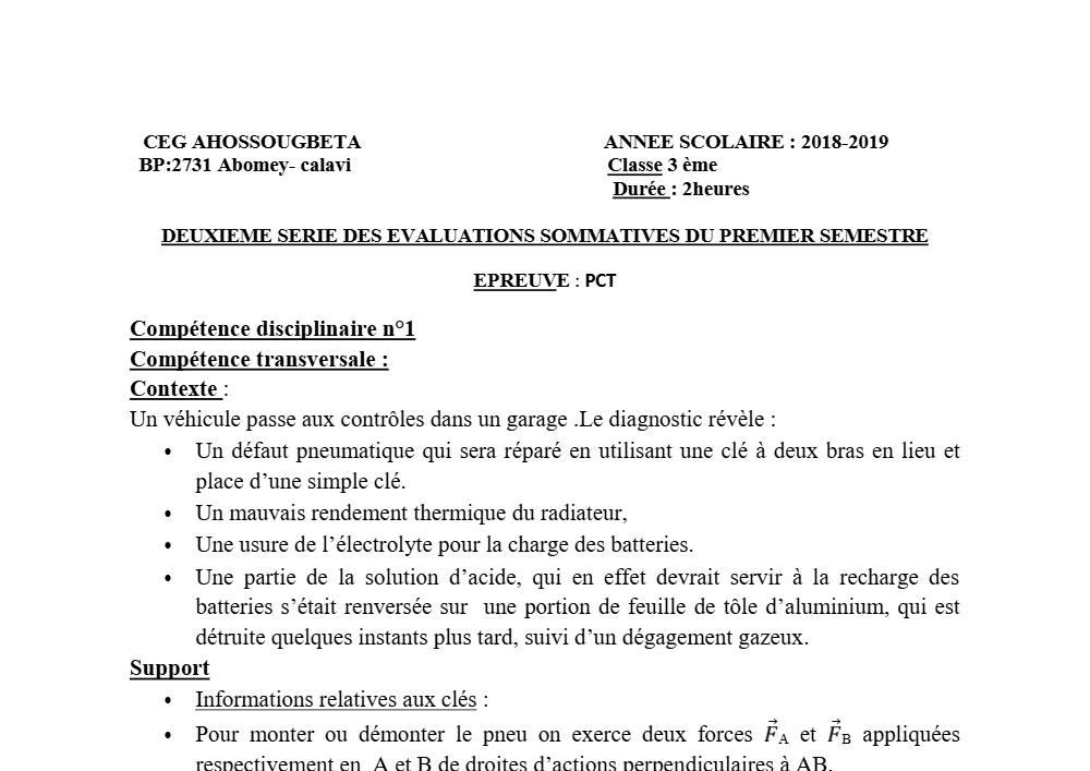 Aperçu de la première page — 3ème PCT 2ème Devoir 1er Semestre CEG Ahossougbéta 2018 2019