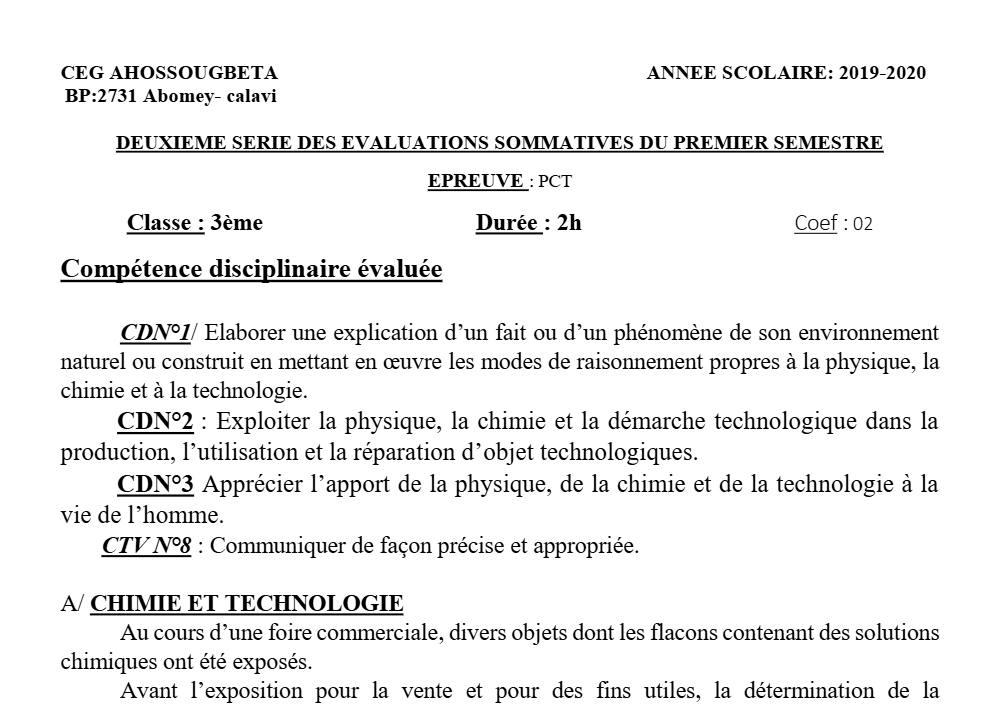 Aperçu de la première page — 3ème PCT 2ème Devoir 1er Semestre CEG Ahossougbéta 2019 2020