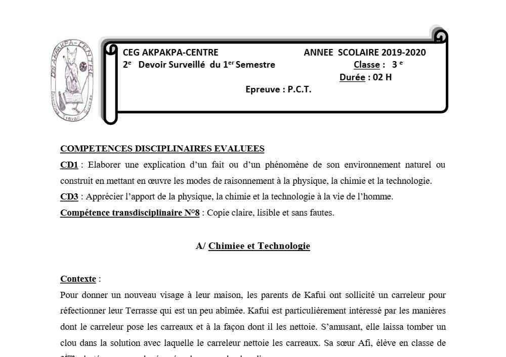 Aperçu de la première page — 3ème PCT 2ème Devoir 1er Semestre CEG Akpakpa 2019 2020