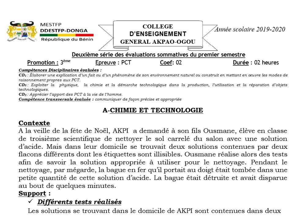 Aperçu de la première page — 3ème PCT 2ème Devoir 1er Semestre CEG Akpao Ogou 2019 2020