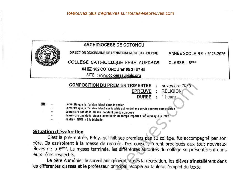 Aperçu de la première page — Religion 6ème – Composition du 1er trimestre 2025 2026 – Messe de rentrée et connaissance de Dieu – Collège Catholique Père Aupiais