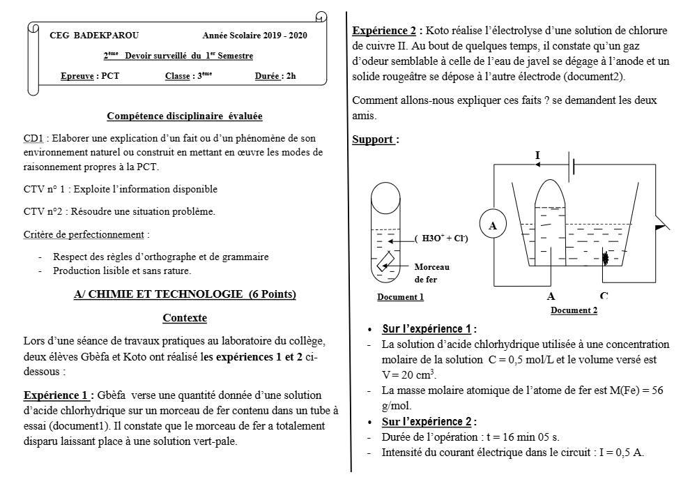 Aperçu de la première page — 3ème PCT 2ème Devoir 1er Semestre CEG Badekparou 2019 2020