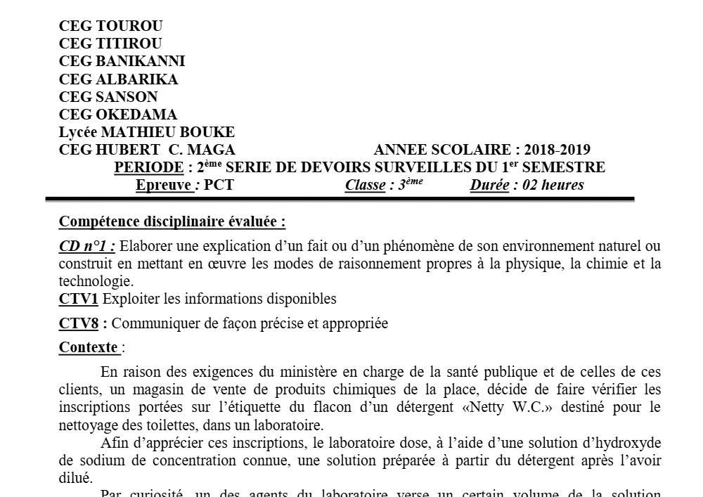 Aperçu de la première page — 3ème PCT 2ème Devoir 1er Semestre CEG Banikanni 2018 2019