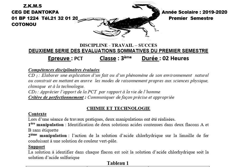 Aperçu de la première page — 3ème PCT 2ème Devoir 1er Semestre CEG Dantokpa 2019 2020