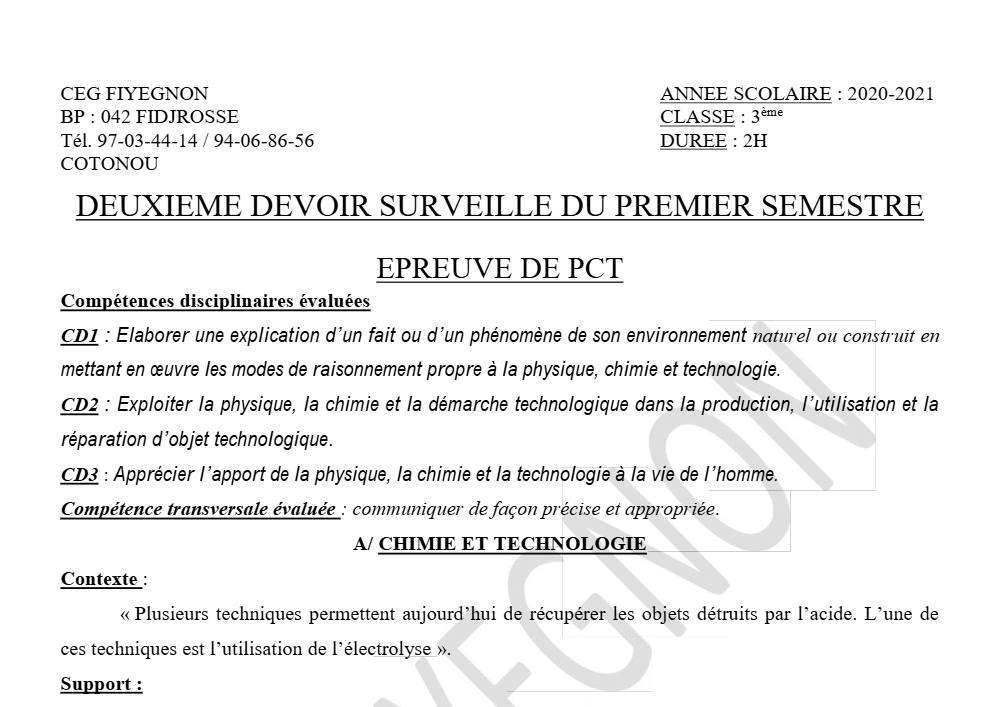 Aperçu de la première page — 3ème PCT 2ème Devoir 1er Semestre CEG Fiyegnon 2020 2021