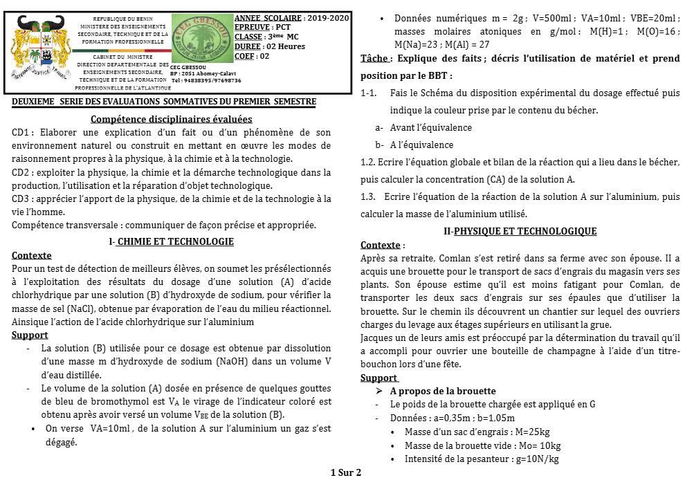 Aperçu de la première page — 3ème PCT 2ème Devoir 1er Semestre CEG Gbessou 2019 2020