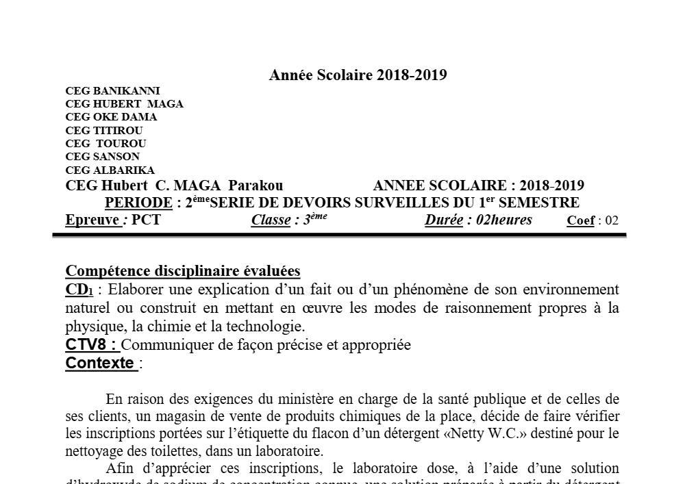 Aperçu de la première page — 3ème PCT 2ème Devoir 1er Semestre CEG Hubert C Maga 2018 2019