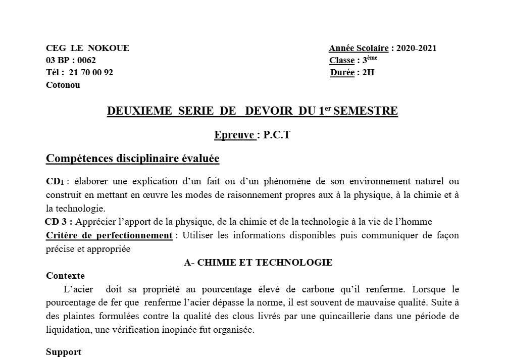 Aperçu de la première page — 3ème PCT 2ème Devoir 1er Semestre CEG Le Nokoué 2020 2021