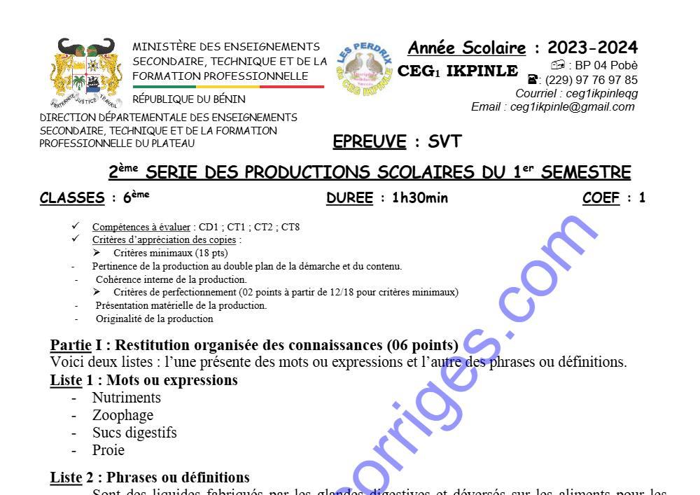 Aperçu de la première page — SVT 6EME 2EME DEVOIR DU 1ER SEMESTRE 2023 2024 CEG1 IKPINLE