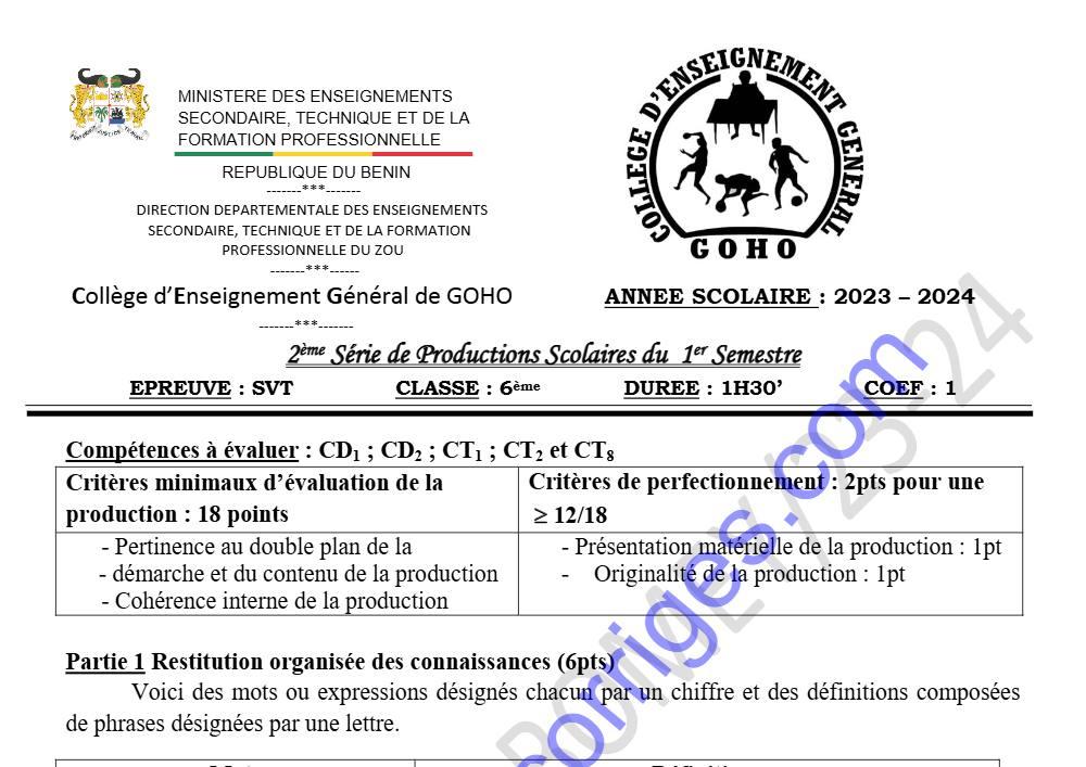 Aperçu de la première page — SVT 6EME 2EME DEVOIR DU 1ER SEMESTRE 2023 2024 CEG GOHO ABOMEY