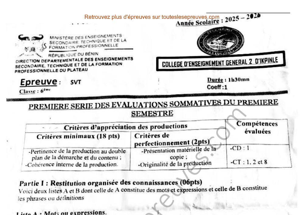 Aperçu de la première page — SVT 6ème – 1er Devoir du 1er Semestre 2025 – Alimentation équilibrée et Maladies nutritionnelles – CEG 2 Ikpinlè