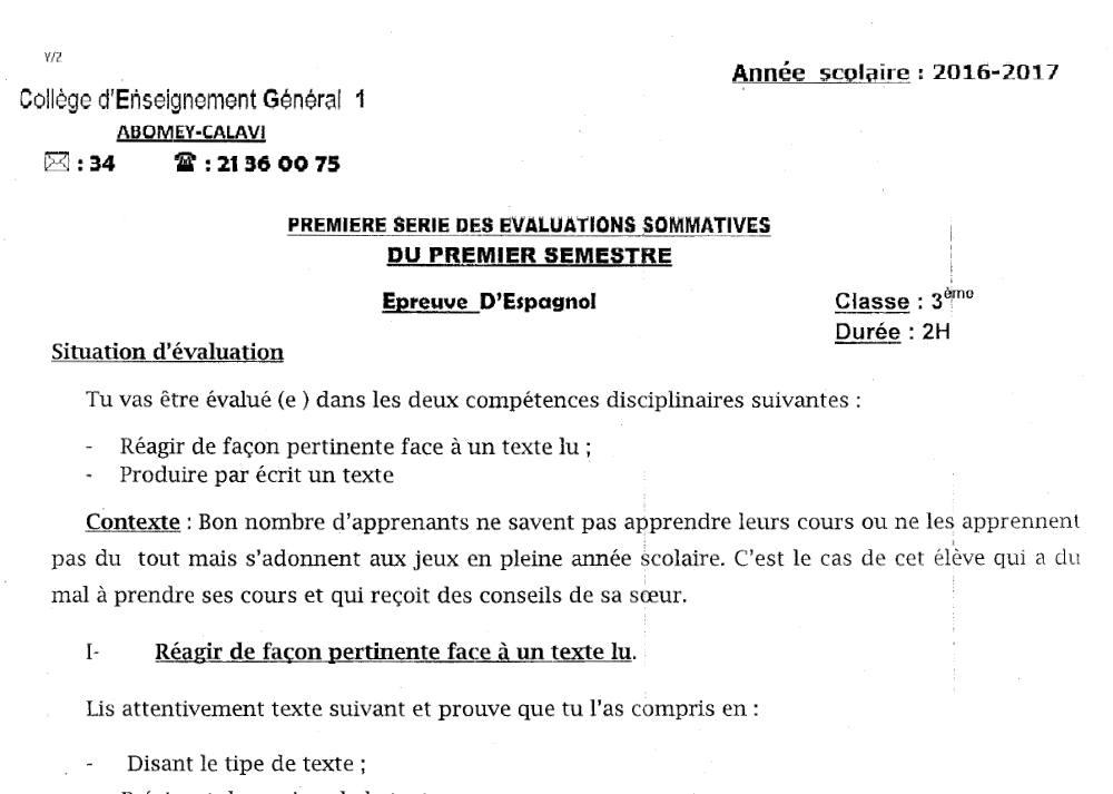 Aperçu de la première page — 3ème Espagnol 1er Devoir 1er Semestre Abomey Calavi 2016 2017