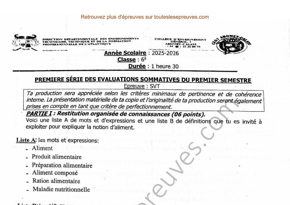 Aperçu de la première page — SVT 6ème – 1er Devoir du 1er Semestre 2025 2026 – Sciences de la Vie et de la Terre – CEG 1 Abomey Calavi