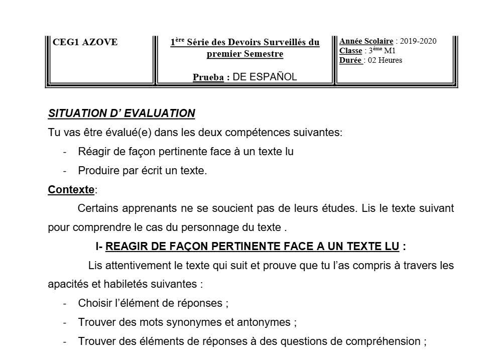 Aperçu de la première page — 3ème Espagnol 1er Devoir 1er Semestre CEG1 Azové 2019 2020
