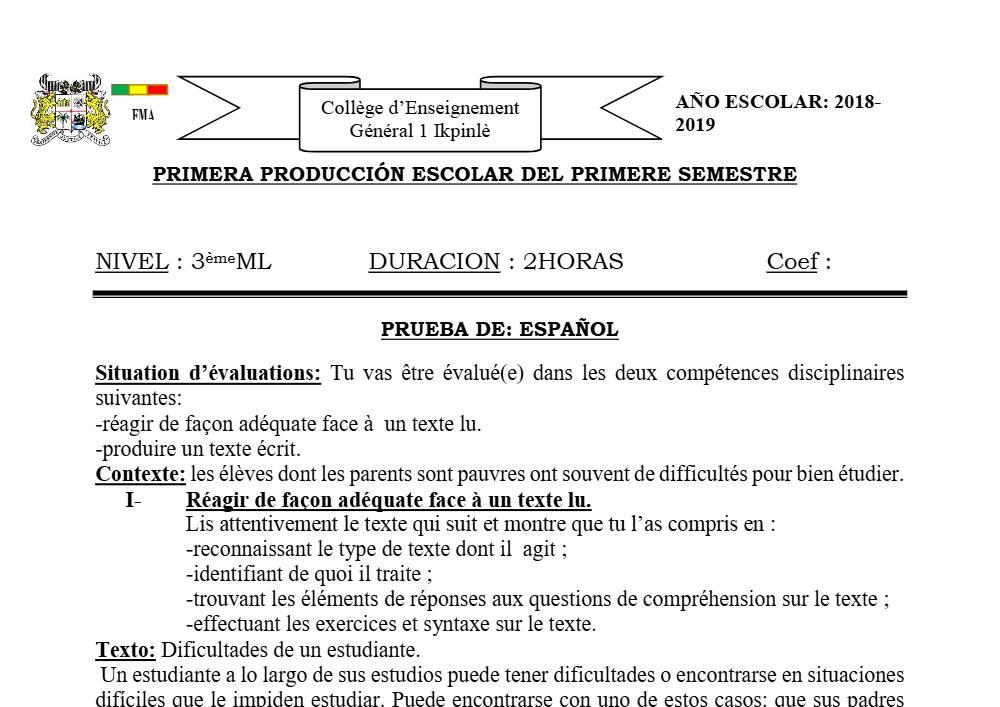 Aperçu de la première page — 3ème Espagnol 1er Devoir 1er Semestre CEG1 Ikpinlè 2018 2019