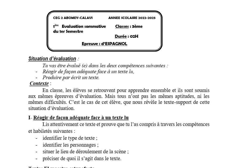 Aperçu de la première page — 3ème Espagnol 1er Devoir 1er Semestre CEG2 Abomey Calavi 2022 2023