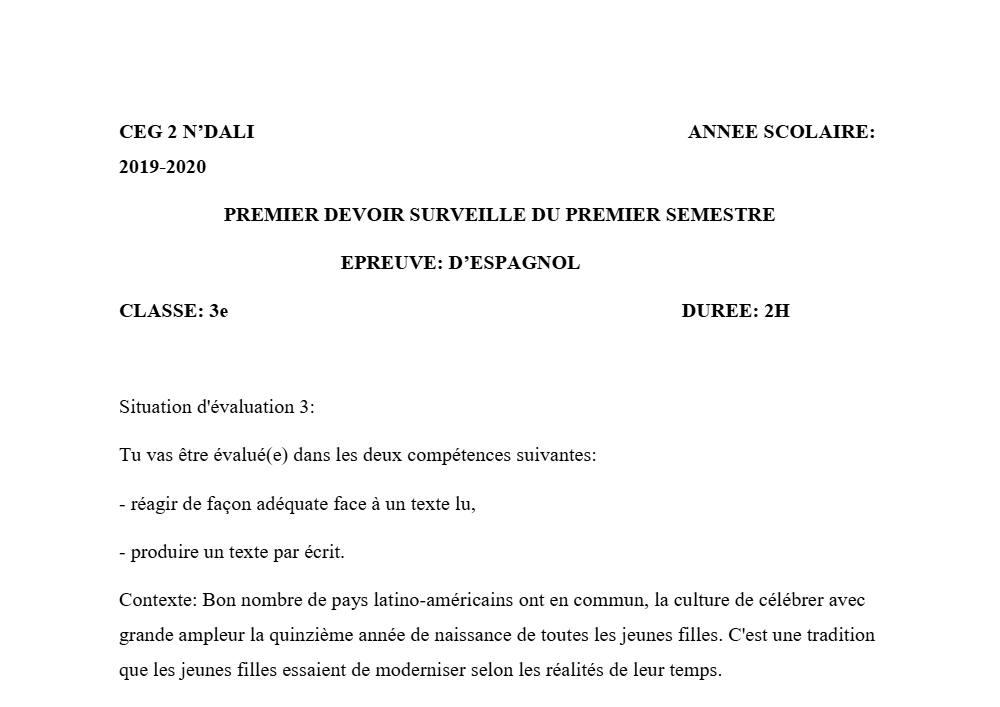 Aperçu de la première page — 3ème Espagnol 1er Devoir 1er Semestre CEG2 N'Dali 2019 2020
