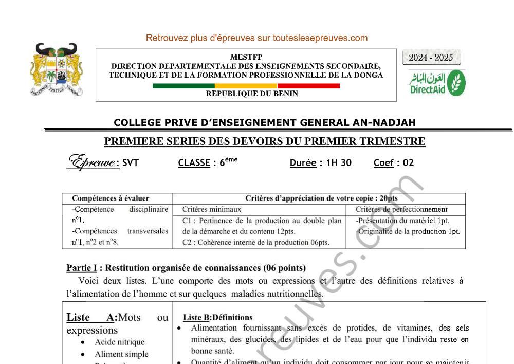 Aperçu de la première page — SVT 6ème – 1er Devoir du 1er Trimestre 2024 – Alimentation, Origine des Nutriments et Maladies Nutritionnelles – CPEG An Nadjah Djougou