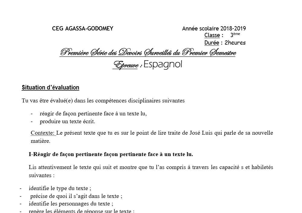 Aperçu de la première page — 3ème Espagnol 1er Devoir 1er Semestre CEG Agassa Godomey 2018 2019