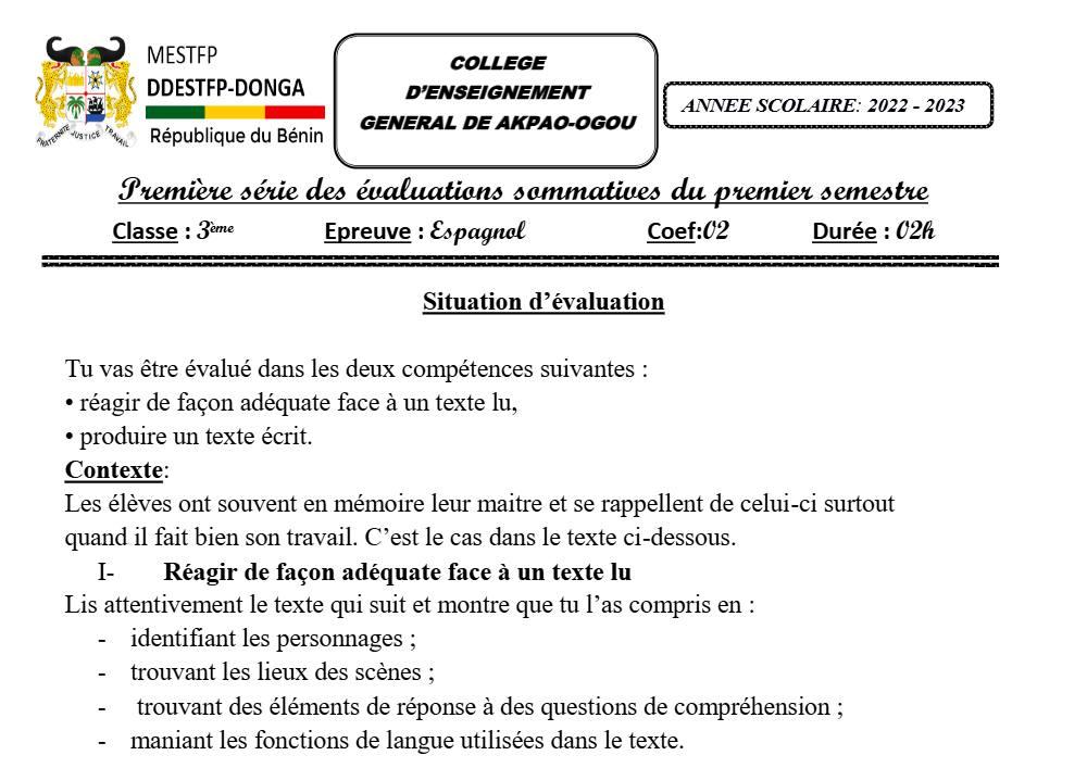Aperçu de la première page — 3ème Espagnol 1er Devoir 1er Semestre CEG Akpao Ogou 2022 2023