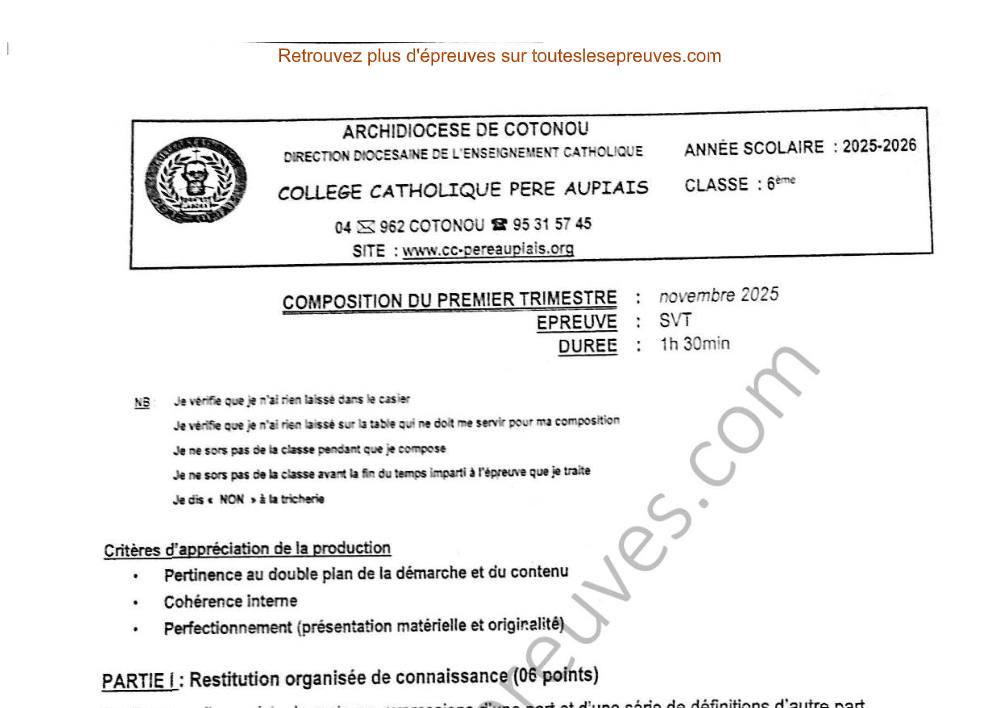 Aperçu de la première page — SVT 6ème – Composition du 1er trimestre 2025 2026 – Alimentation équilibrée, sous alimentation et maladies nutritionnelles – Collège Catholique Père Aupiais