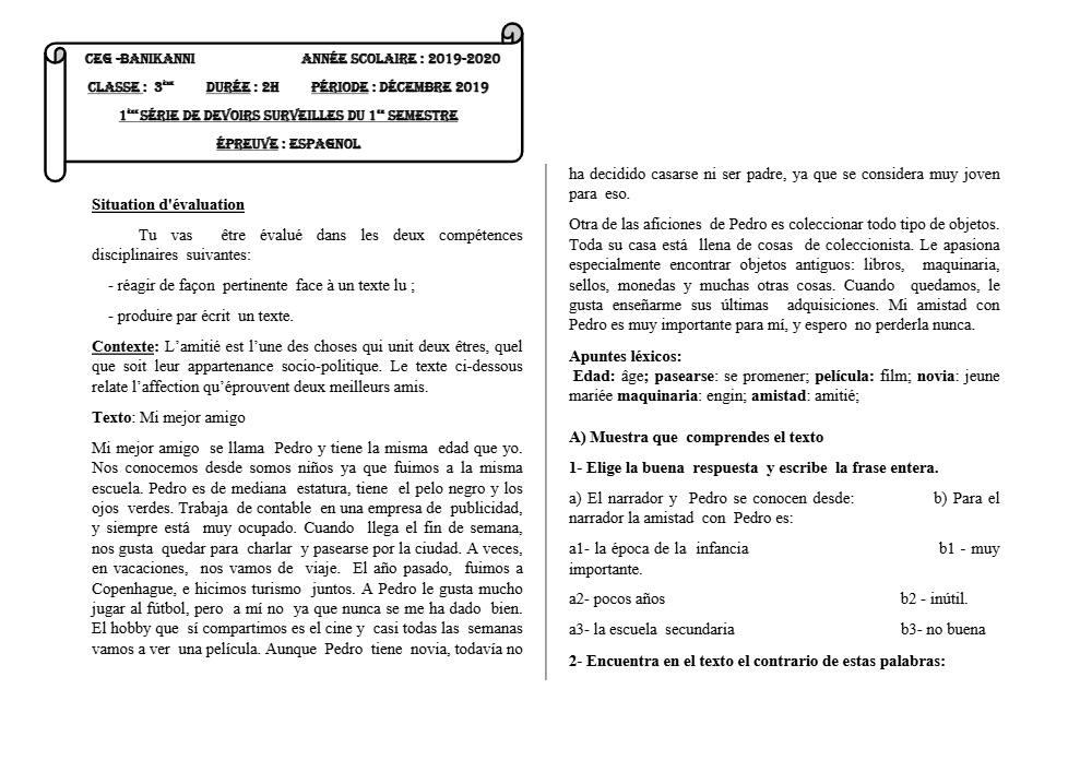 Aperçu de la première page — 3ème Espagnol 1er Devoir 1er Semestre CEG Banikanni 2019 2020