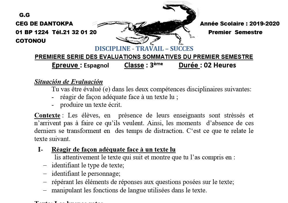 Aperçu de la première page — 3ème Espagnol 1er Devoir 1er Semestre CEG Dantokpa 2019 2020
