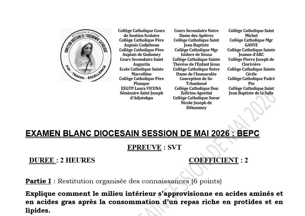 Aperçu de la première page — BEPC BLANC SVT DIOCESAIN SESSION DE MAI 2026