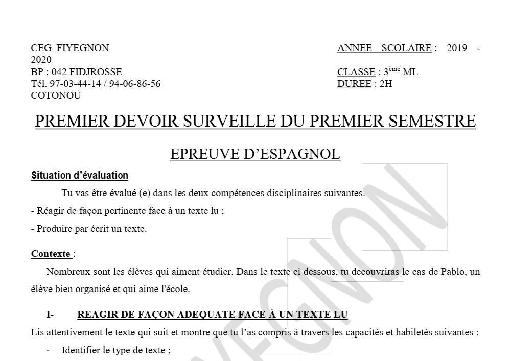 Aperçu de la première page — 3ème Espagnol 1er Devoir 1er Semestre CEG Fiyegnon 2019 2020
