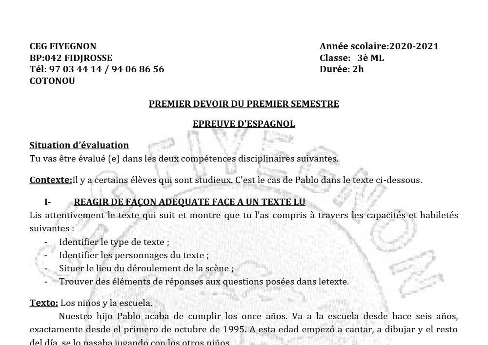 Aperçu de la première page — 3ème Espagnol 1er Devoir 1er Semestre CEG Fiyegnon 2020 2021