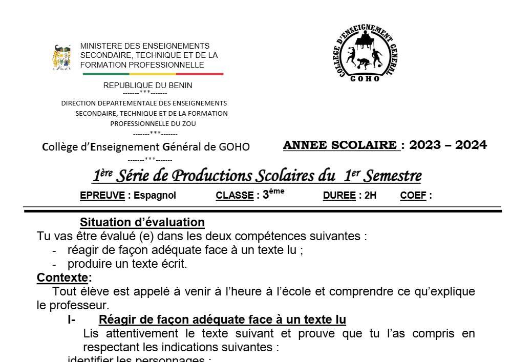Aperçu de la première page — 3ème Espagnol 1er Devoir 1er Semestre CEG Goho Abomey 2023 2024