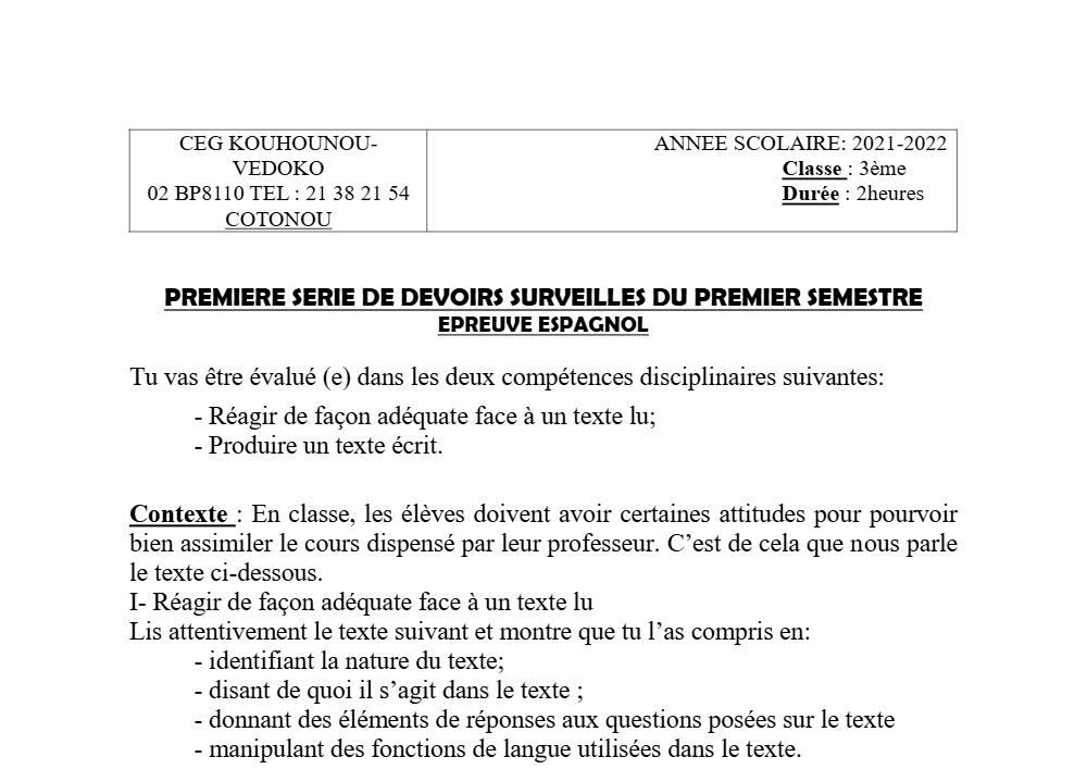 Aperçu de la première page — 3ème Espagnol 1er Devoir 1er Semestre CEG Kouhounou Vedoko 2021 2022