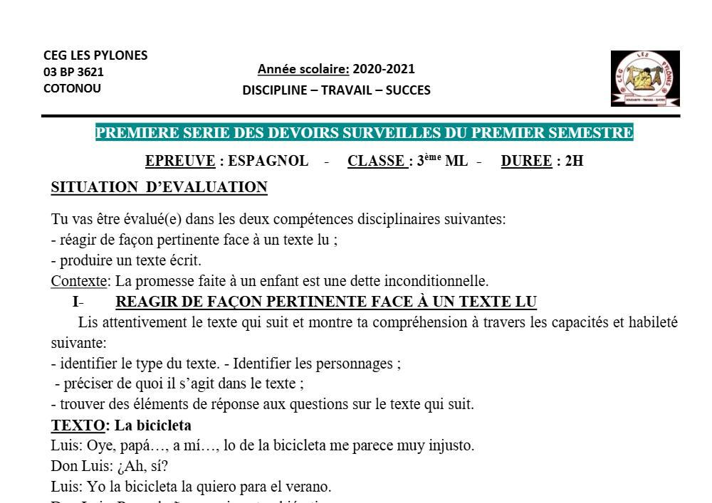 Aperçu de la première page — 3ème Espagnol 1er Devoir 1er Semestre CEG Les Pylônes 2020 2021