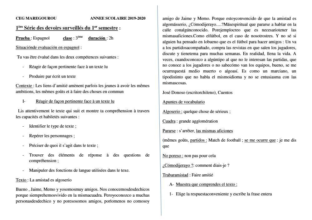 Aperçu de la première page — 3ème Espagnol 1er Devoir 1er Semestre CEG Maregourou 2019 2020