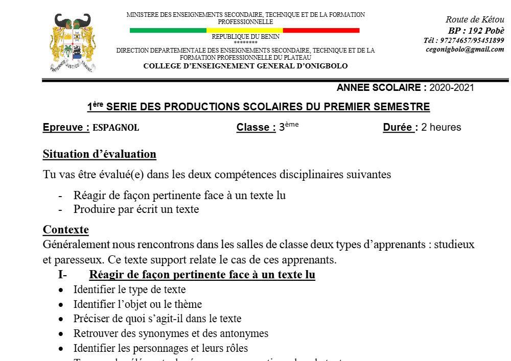 Aperçu de la première page — 3ème Espagnol 1er Devoir 1er Semestre CEG Onigbolo 2020 2021