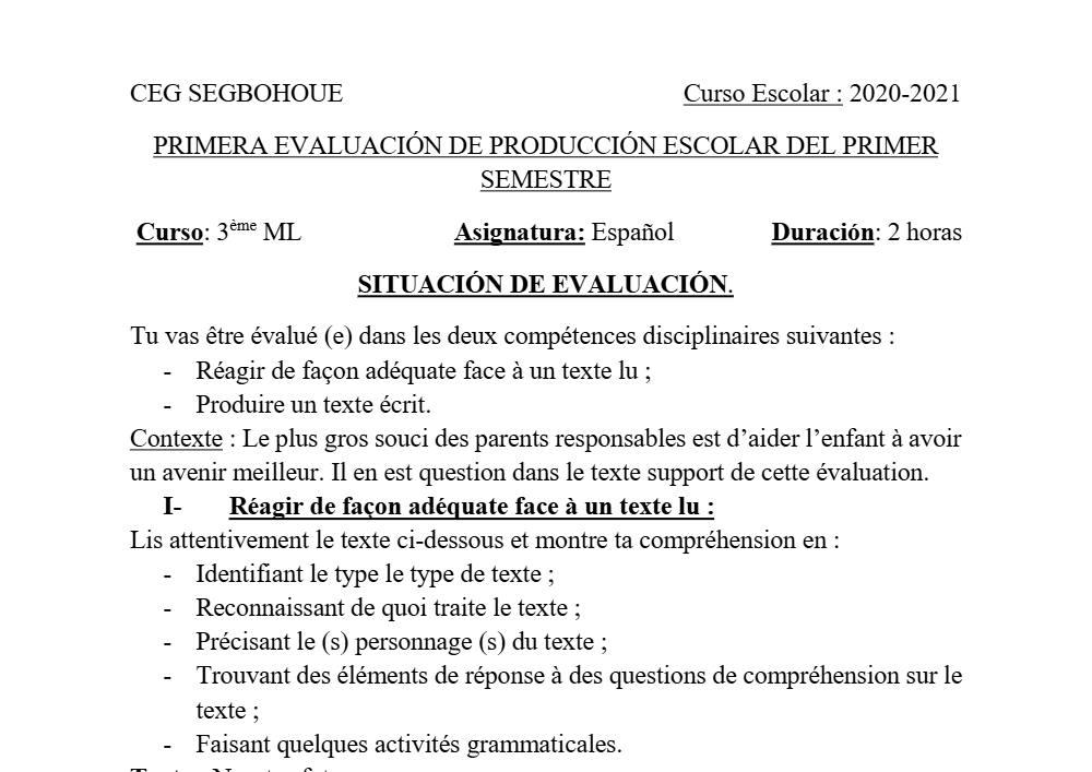 Aperçu de la première page — 3ème Espagnol 1er Devoir 1er Semestre CEG Segbohoue 2020 2021