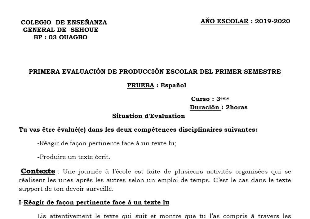Aperçu de la première page — 3ème Espagnol 1er Devoir 1er Semestre CEG Sehoue 2019 2020