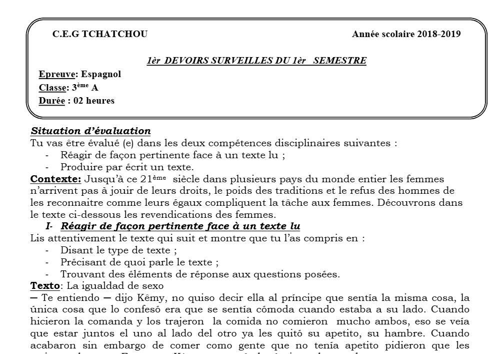 Aperçu de la première page — 3ème Espagnol 1er Devoir 1er Semestre CEG Tchatchou 2018 2019