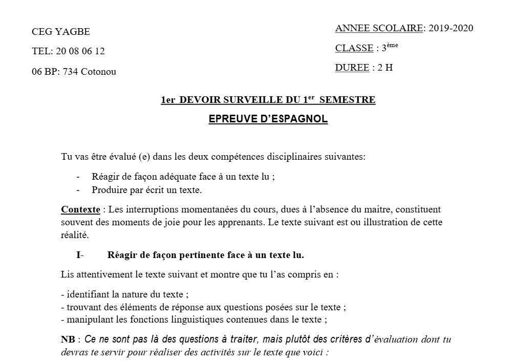 Aperçu de la première page — 3ème Espagnol 1er Devoir 1er Semestre CEG Yagbe 2019 2020