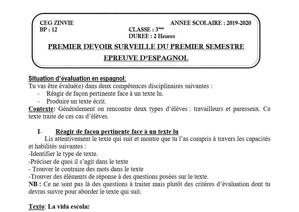 Aperçu de la première page — 3ème Espagnol 1er Devoir 1er Semestre CEG Zinvié 2019 2020