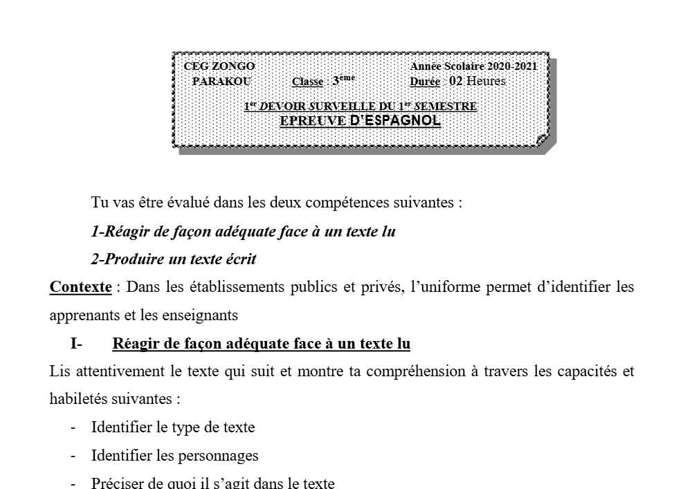 Aperçu de la première page — 3ème Espagnol 1er Devoir 1er Semestre CEG Zongo 2020 2021